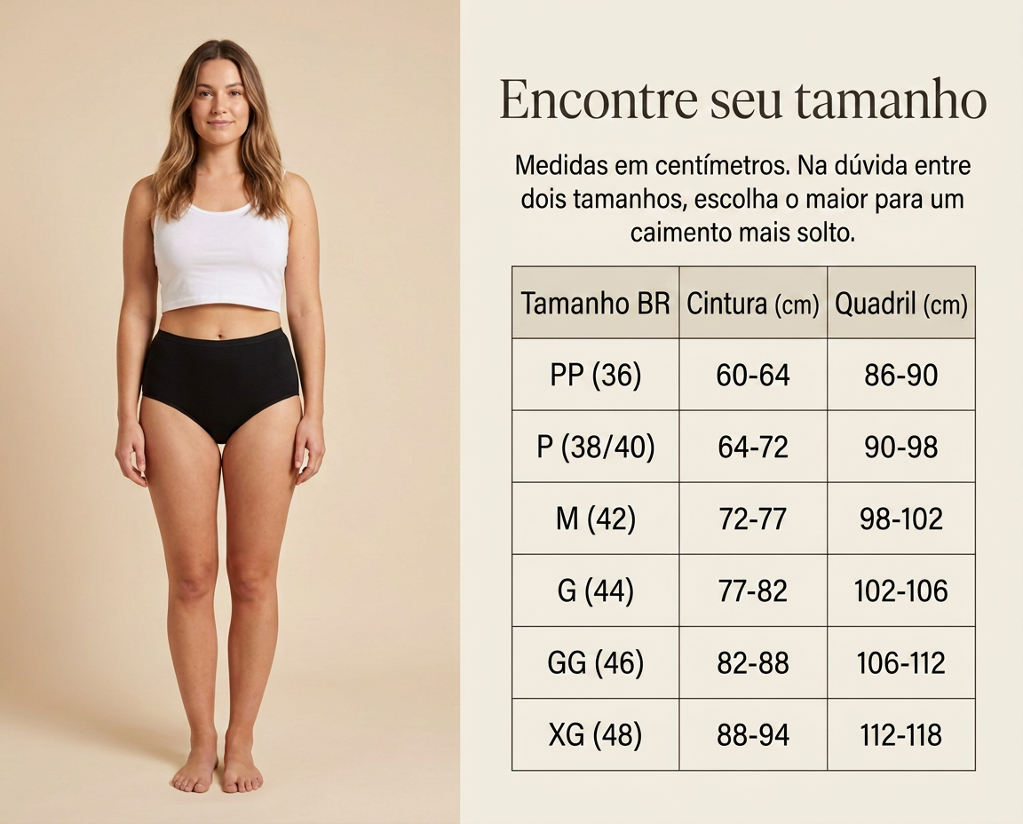 Encontre seu tamanho — tabela de medidas de cintura e quadril em centímetros